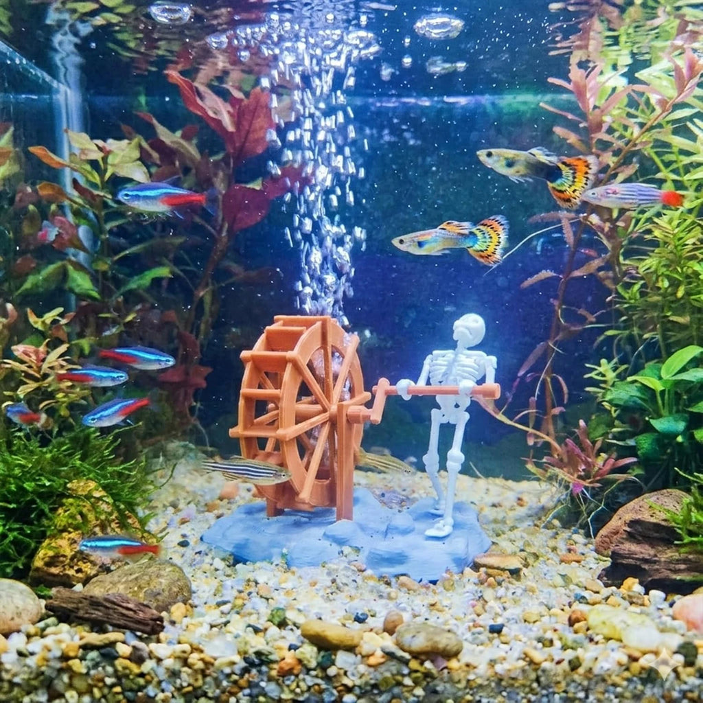 Skeleton Waterwheel Creative Underwater Landscape Skeleton Decor Pneumatic Rotatable Animated Skeletons Statue for Aquarium Tank