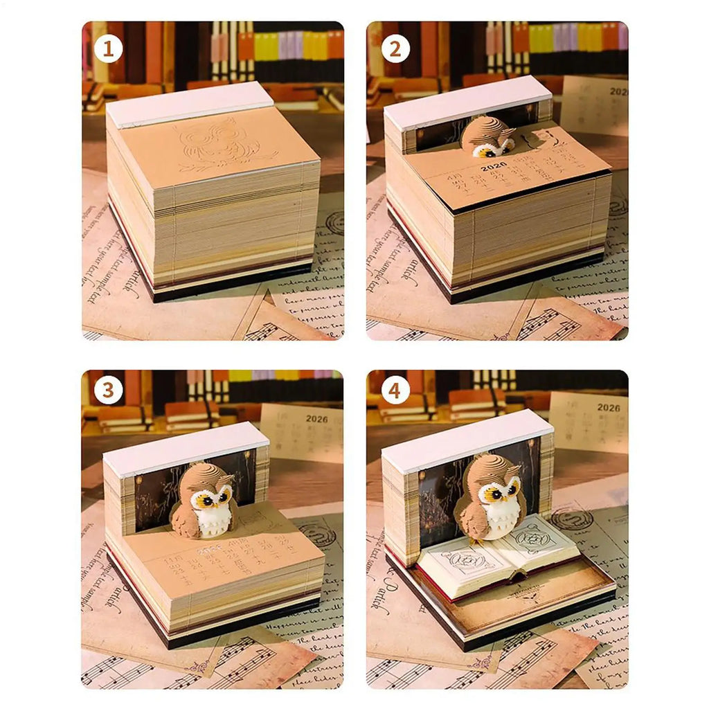 2026 Paper Sculpture Calendar 3D Owl Tear-off Calendar Paper Sculpture Art Memo Notepad Desk Calendar Sticky Notes Bookmark