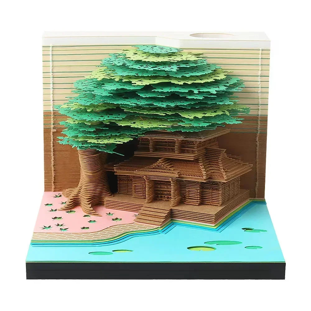3D Treehouse Paper Art Desktop Calendar Creative Sticky Notes Memo Pad Office Desk Decor Handmade Carving Crafts Souvenir Gift