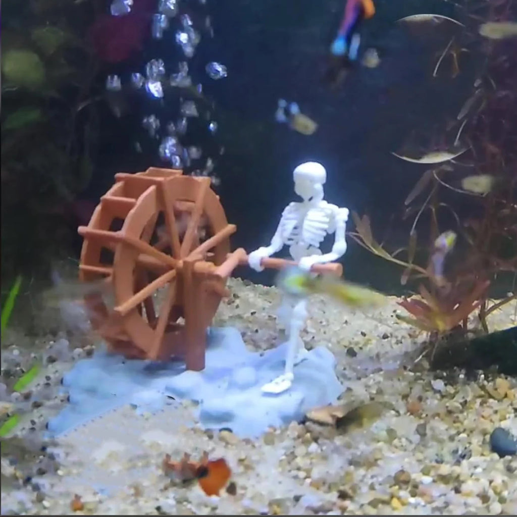 Skeleton Waterwheel Creative Underwater Landscape Skeleton Decor Pneumatic Rotatable Animated Skeletons Statue for Aquarium Tank
